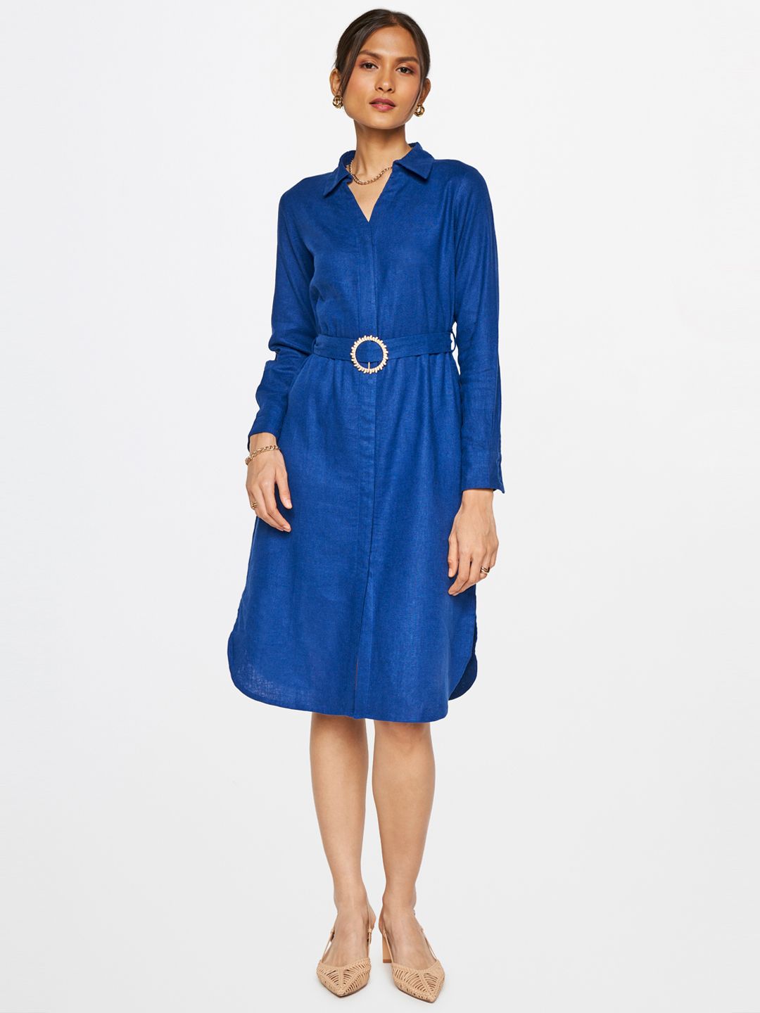 AND Opaque Shirt Collar Casual A-Line Midi Dress