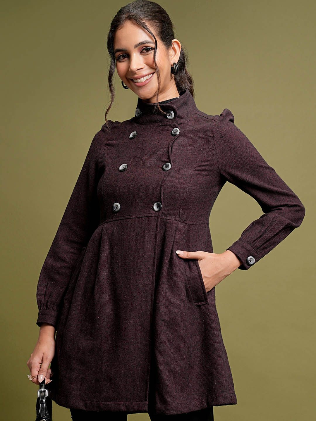 Tokyo Talkies Maroon Mock Collar Hip Length Cotton Princess Coat