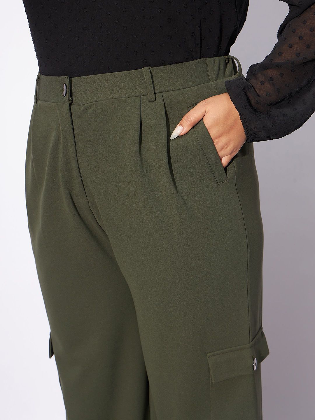 SASSAFRAS Curve Women Plus Size Olive Green Straight Fit Pleated-Front Cargos Trousers