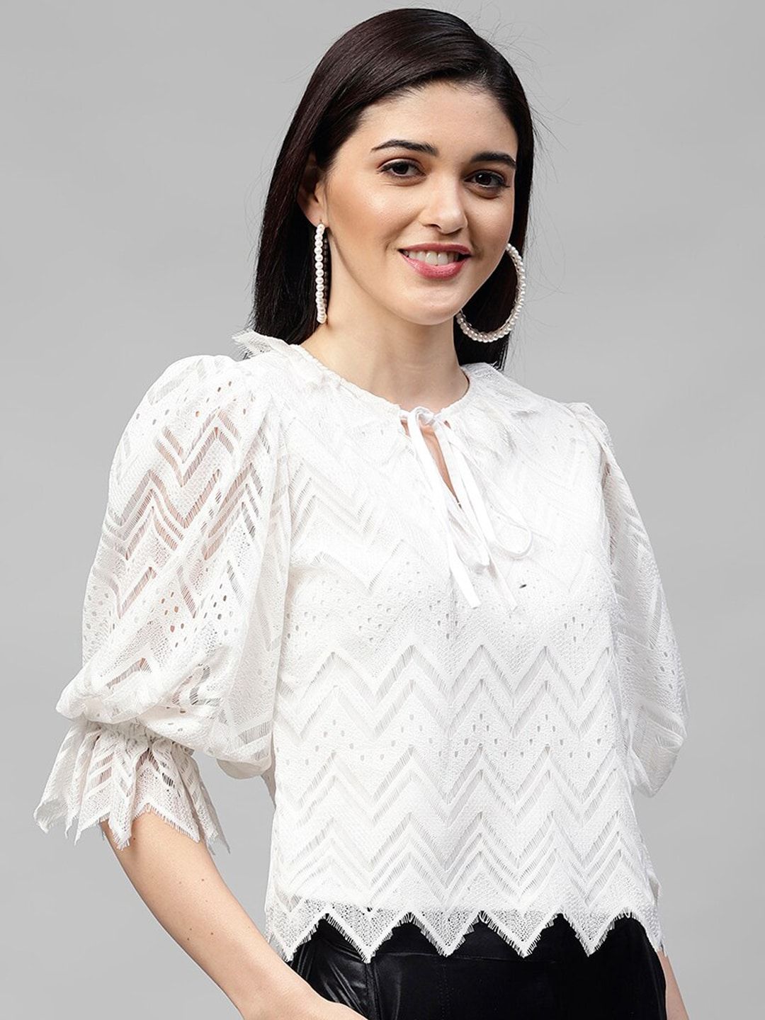 Athena White Tie-Up Neck Puff Sleeves Lace Top