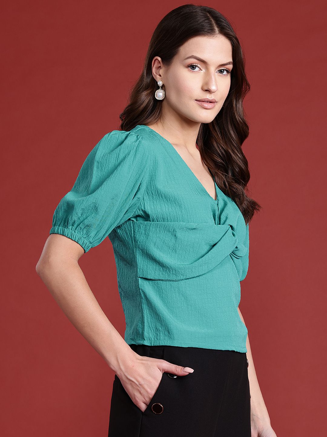 all about you Puff Sleeves Textured Twisted Top