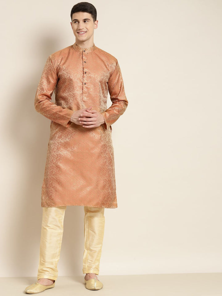 SOJANYA Lelaki Rust Orange & Gold-Toned Jacquard Silk Kurta