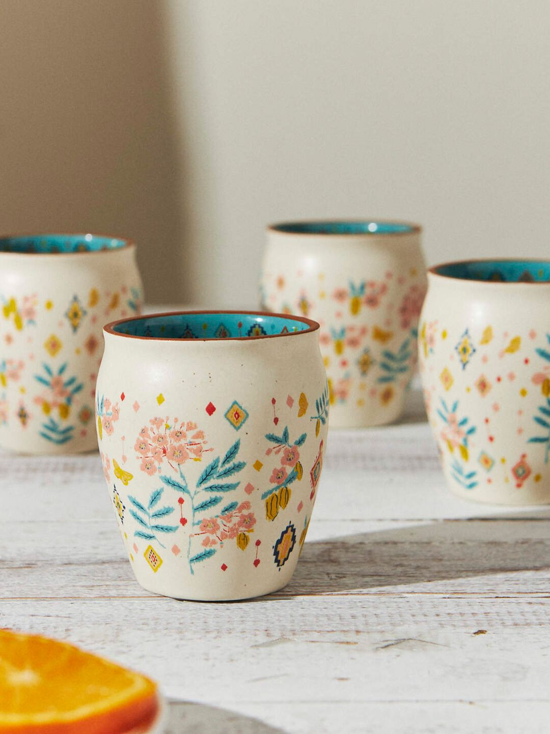 Chumbak Cream-Coloured & Green 4-Pieces Floral Printed Ceramic Glossy Cups 200 ml Each