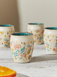 Chumbak Cream-Coloured & Green 4-Pieces Floral Printed Ceramic Glossy Cups 200 ml Each