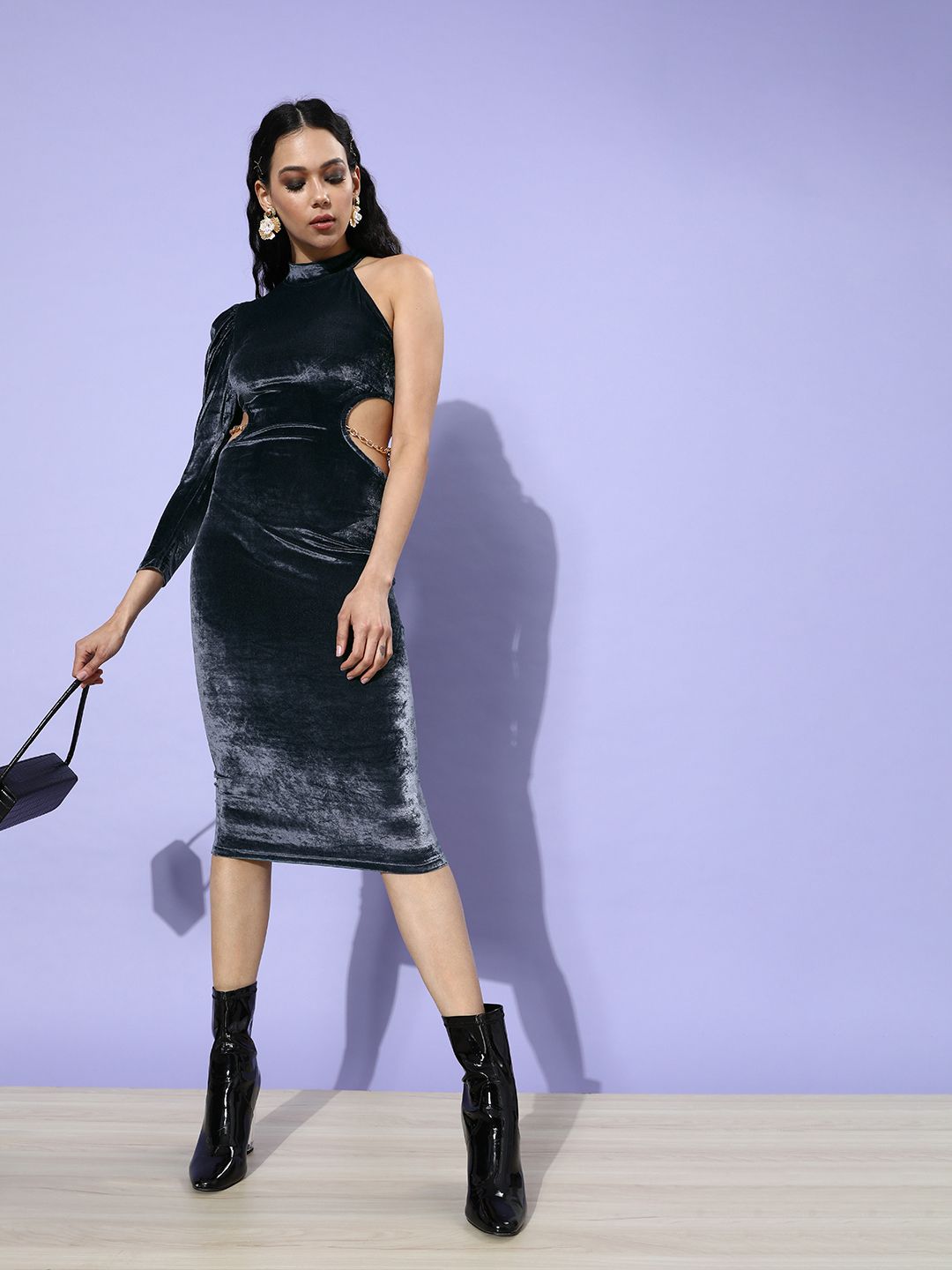 STREET 9 Women Grey Solid Velvet Dress