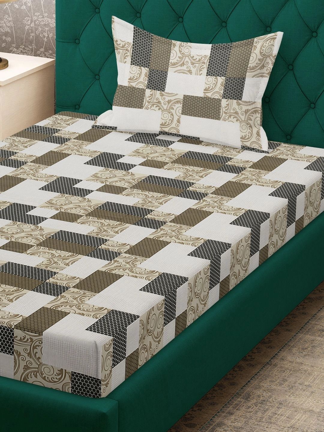 Moda Rapido X KLOTTHE Black & Brown Geometric 400 TC Single Bedsheet with 1 Pillow Covers