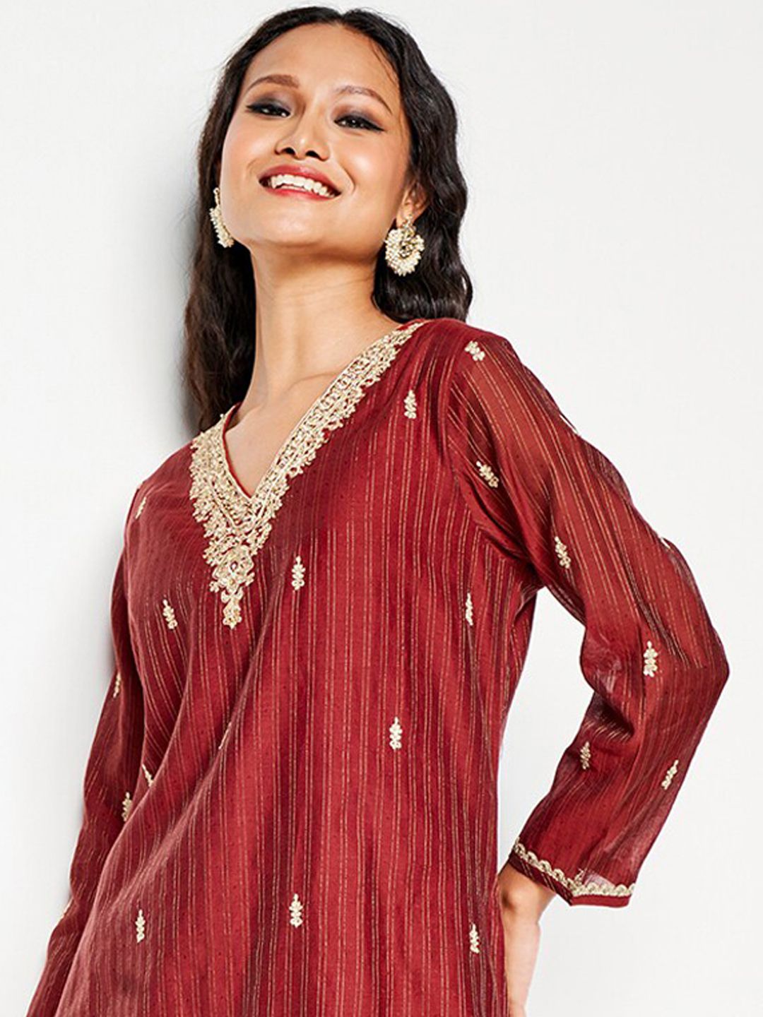 Global Desi V Neck Long Sleeves Yoke Design Rayon A Line Kurta