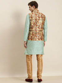 SOJANYA Men Sea Green Striped Kurta with Churidar & Nehru Jacket