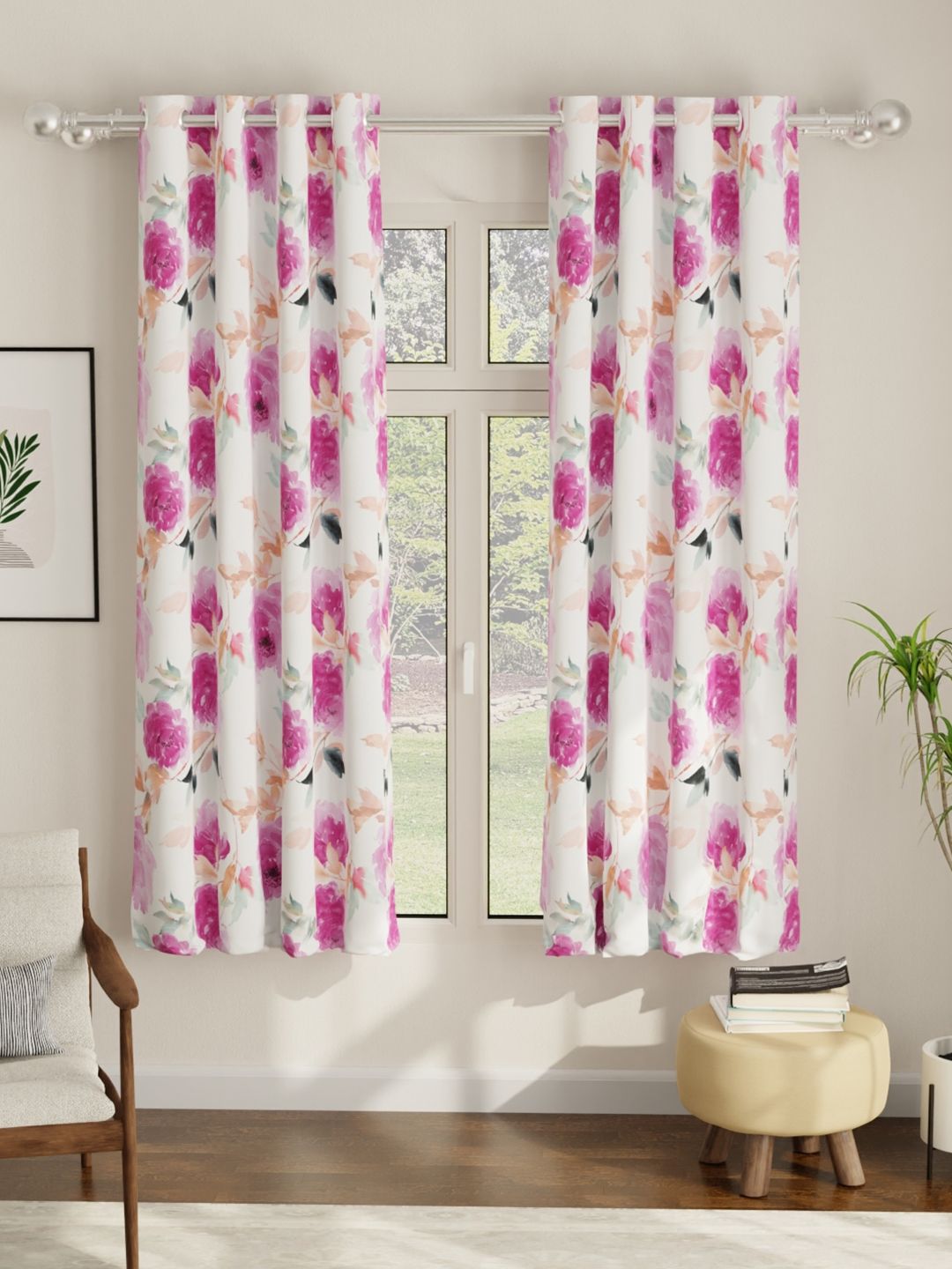 URBAN SPACE Pink & Orange Set of 2 Floral Window Curtain