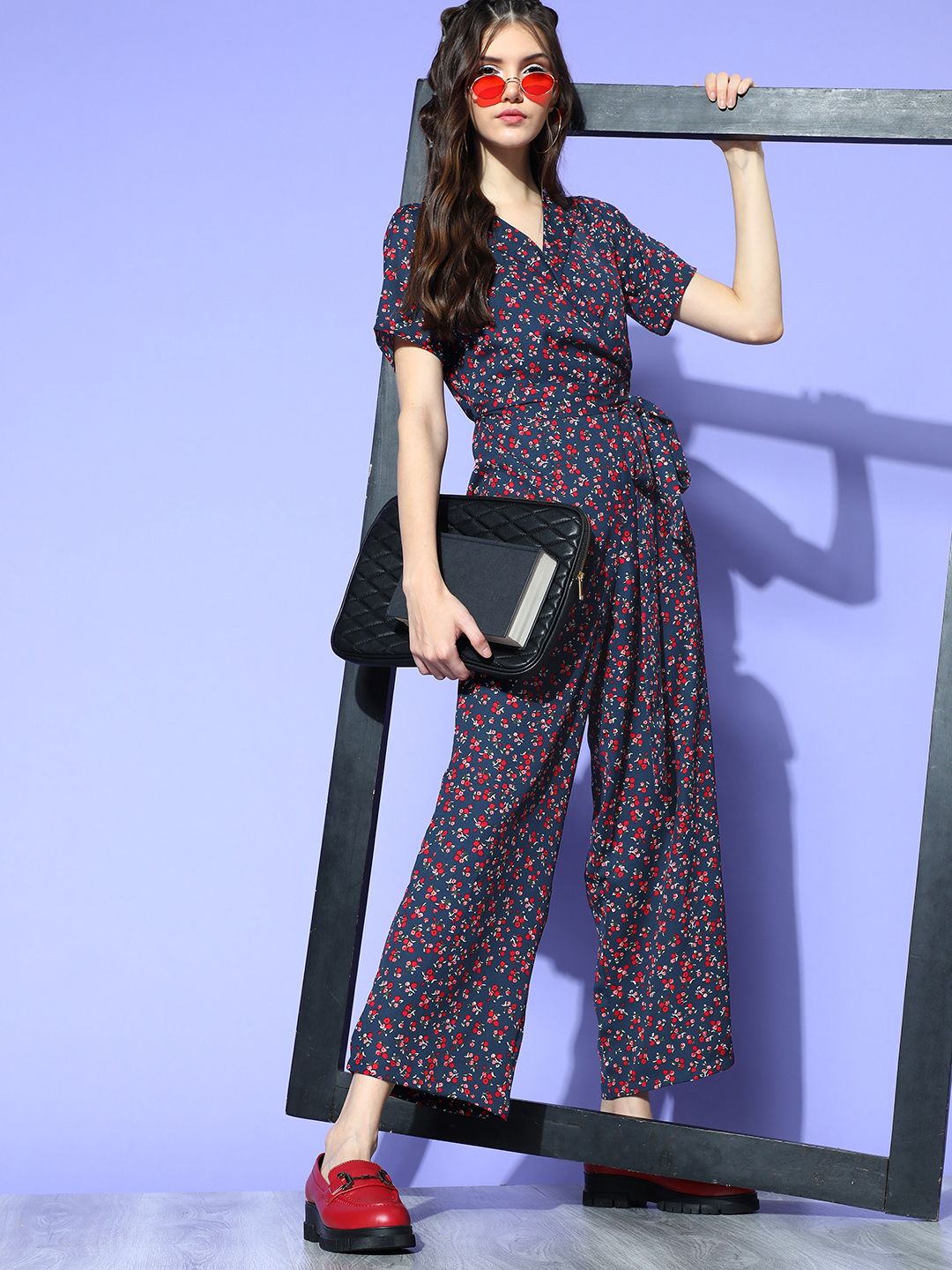 Berrylush Women Navy Blue Printed Wrap it Up Jumpsuit