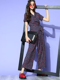 Berrylush Women Navy Blue Printed Wrap it Up Jumpsuit