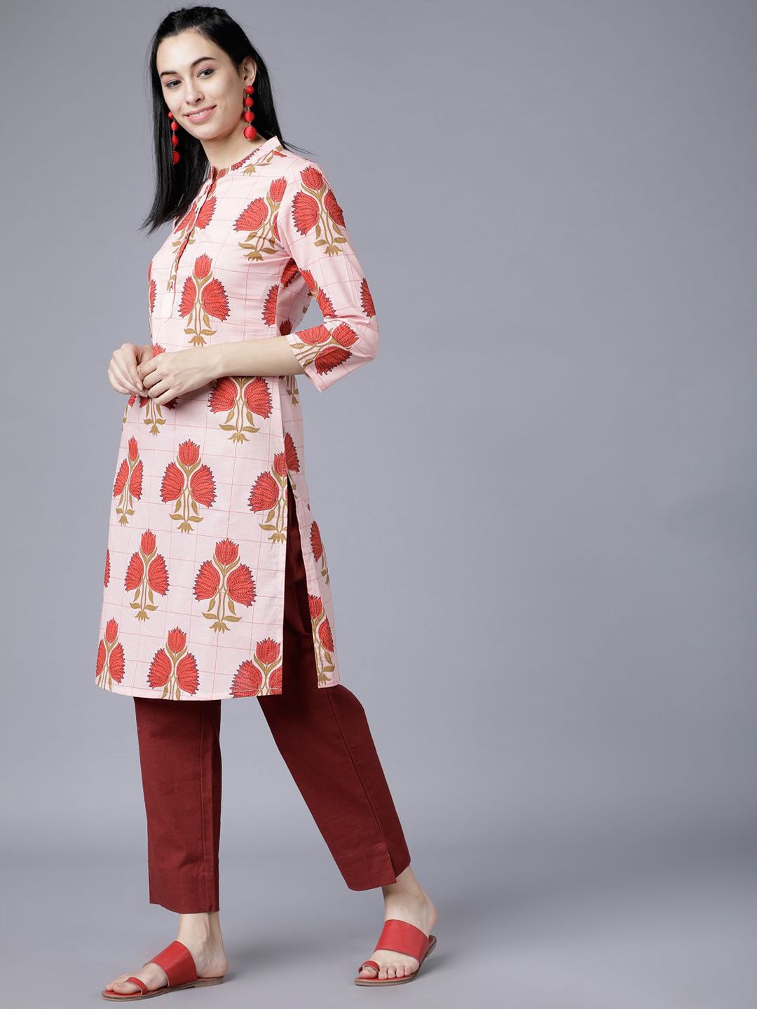 Vishudh Coral Floral Printed Mandarin Collar Straight Kurta