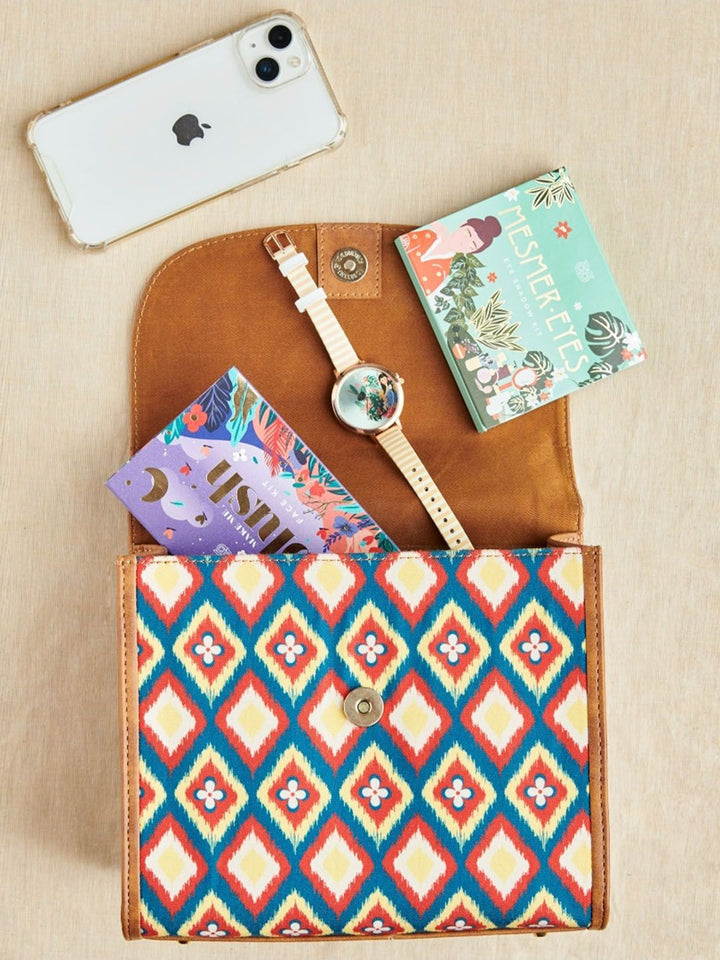 TEAL BY CHUMBAK Geometric Ikat Printed Structured Sling Bag