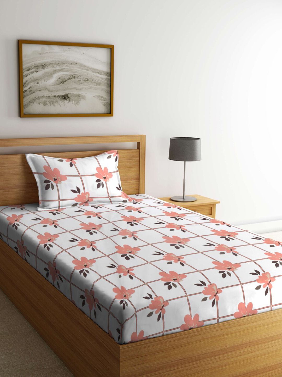 KLOTTHE White Floral Cotton 130 TC Single Cadar Halus dengan Sarung Bantal-89 x 59 inci