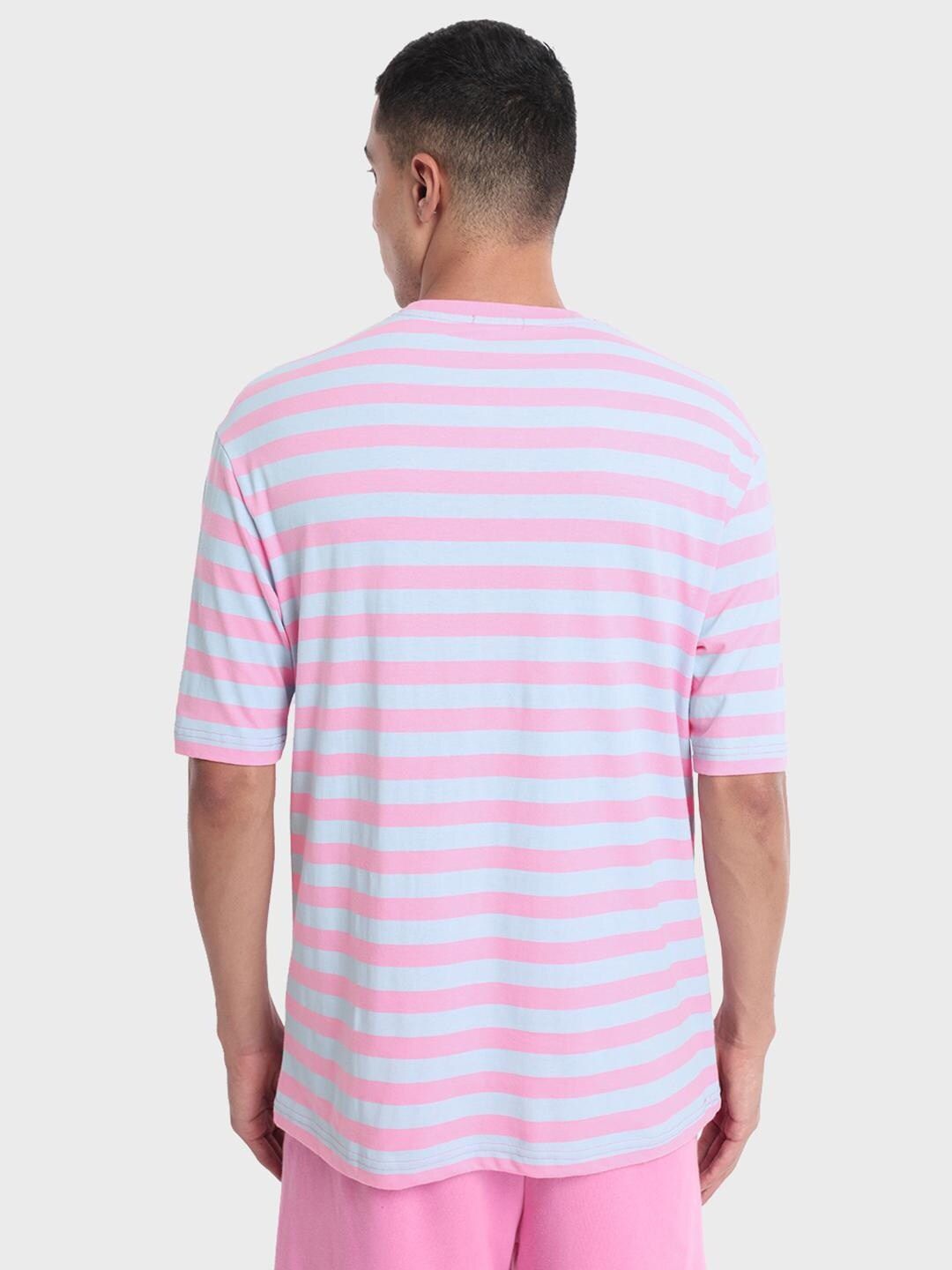 Bewakoof Men Pink & White Striped Oversized T-shirt