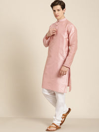 SOJANYA Men Pink  & Beige Striped Thread Work Straight Kurta Churidar Nehru Jacket