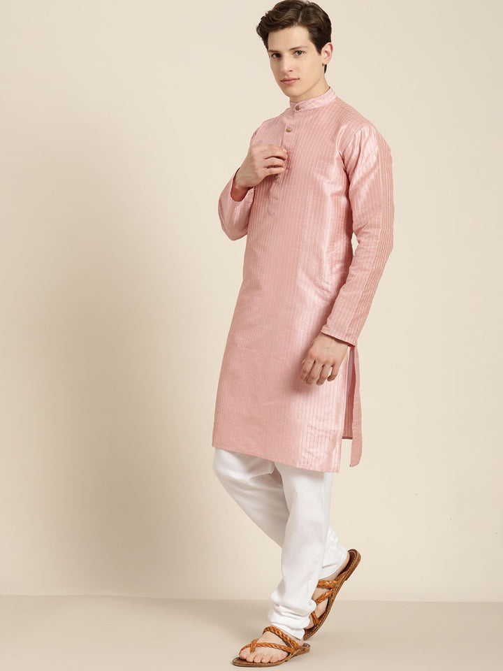 SOJANYA Men Pink & Beige Striped Thread Work Straight Kurta Churidar Nehru Jacket