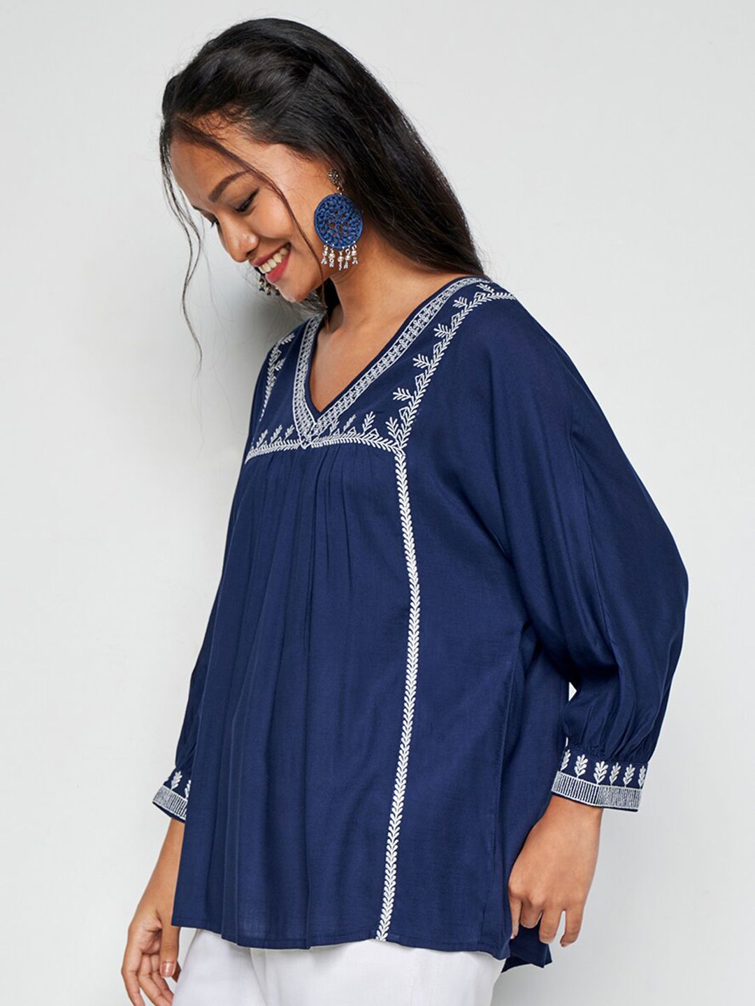 Global Desi Floral Embroidered V-Neck Cuffed Sleeves Empire Top