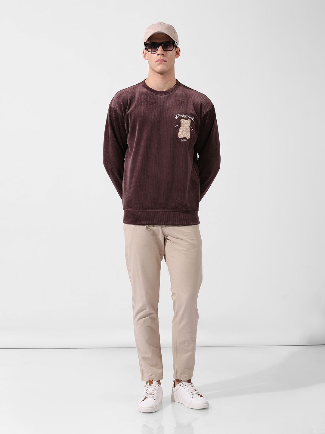 The Indian Garage Co Men Oversized Self Design Corduroy Crew Neck Sweatshirt