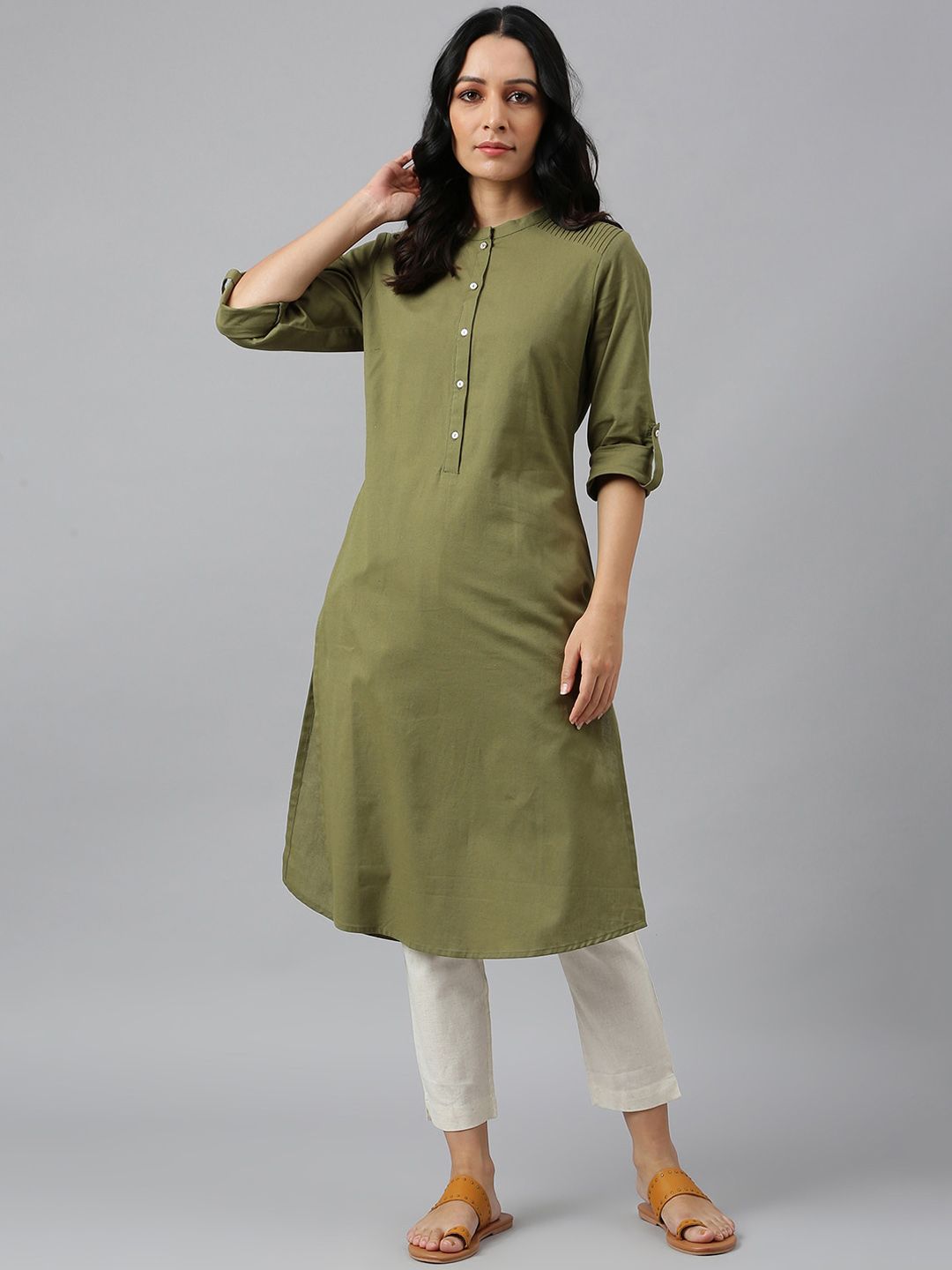 W Green Mandarin Collar Cotton A-line Kurta