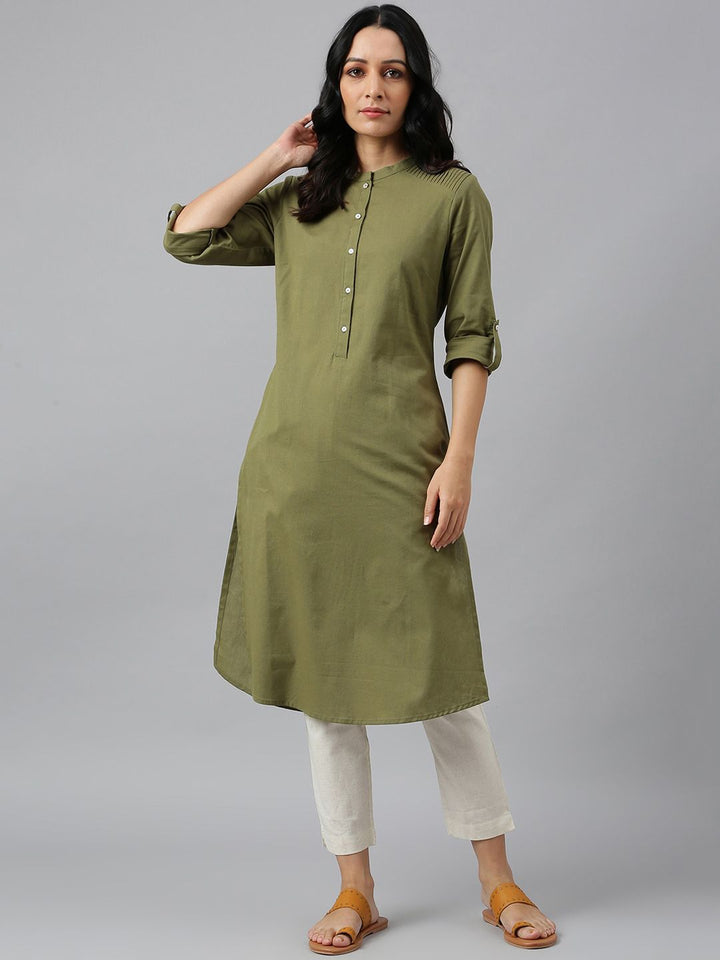 W Green Mandarin Collar Cotton A-line Kurta