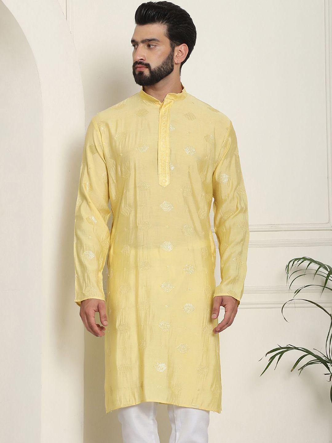 SOJANYA Kurta Lurus Sutera Berhias Geometrik Kolar Mandarin Kapas