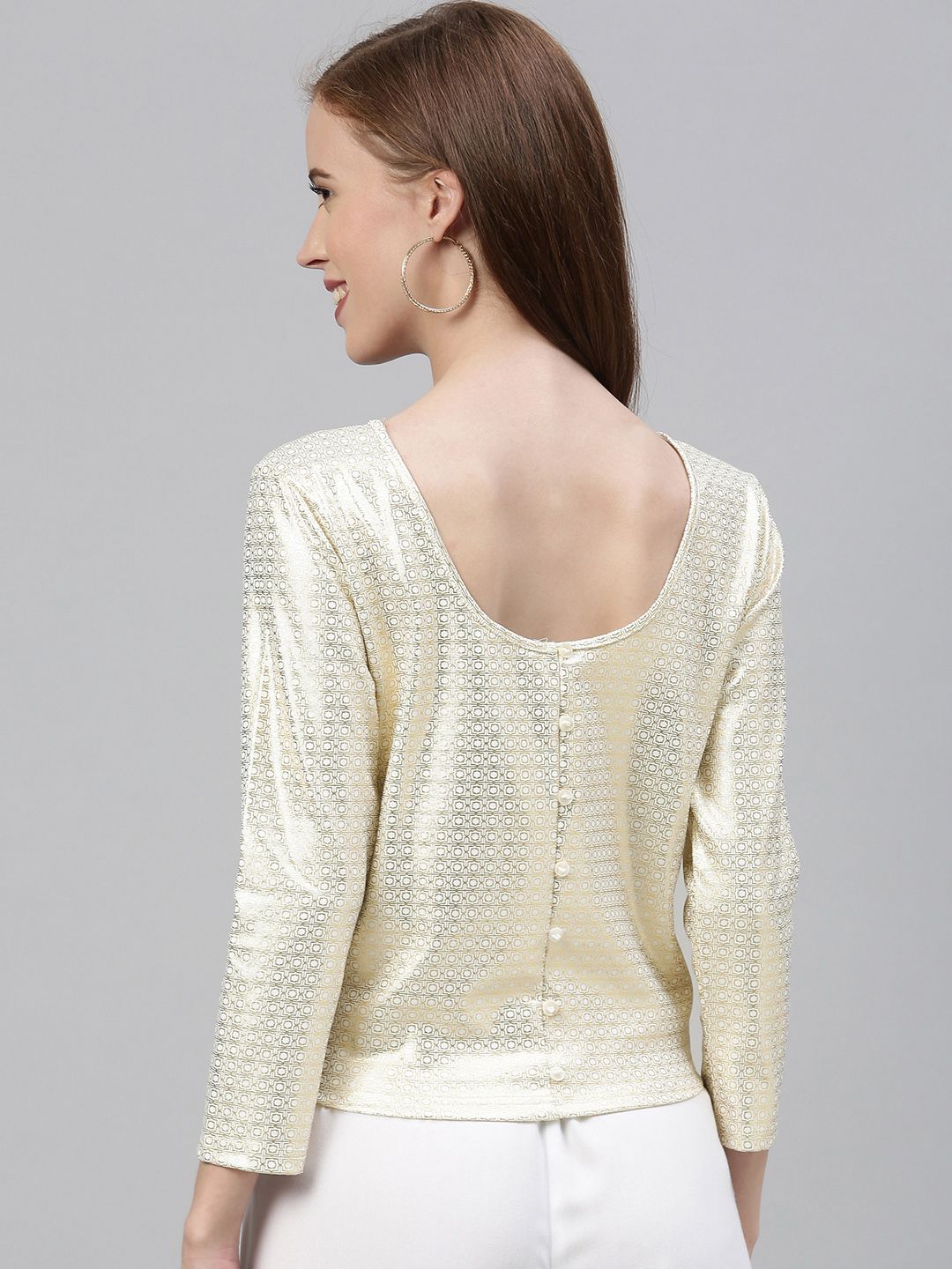 Global Desi Women Off-White & Golden Ethnic Printed Top