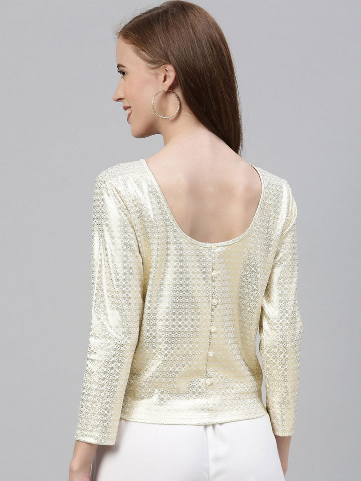 Global Desi Women Off-White & Golden Ethnic Printed Top