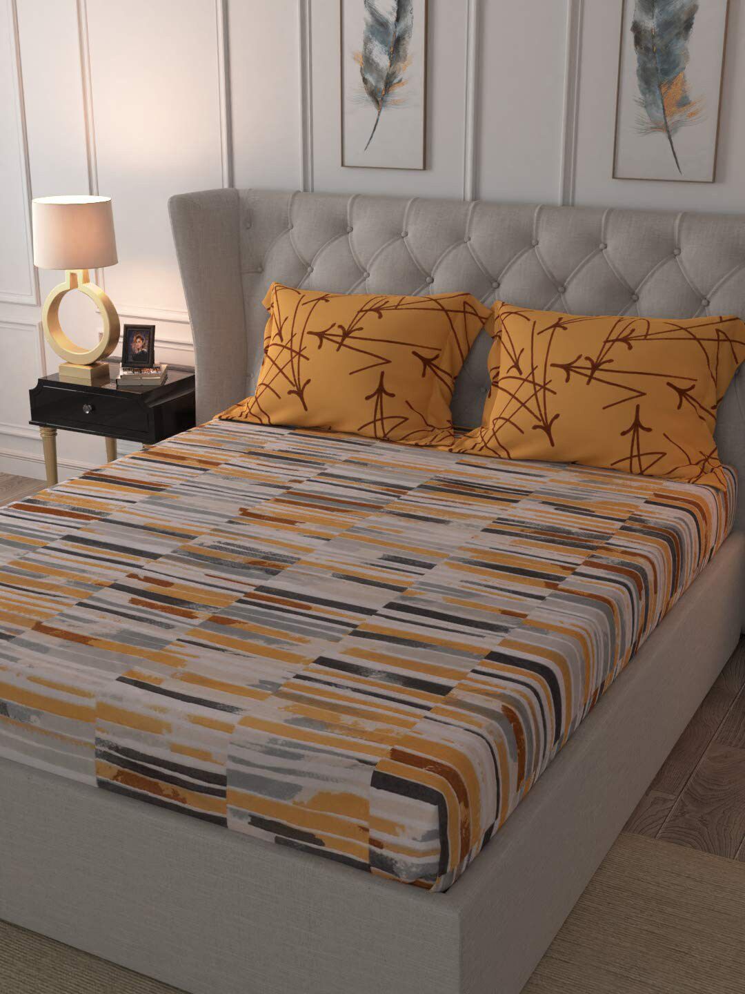 URBAN SPACE Striped 144 TC Cotton Fitted King Bedsheet with 2 Pillow Covers