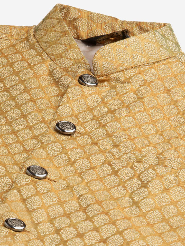 SOJANYA Kurta Motif Etnik Hijau & Kuning Mustard Lelaki dengan Jaket Churidar & Nehru