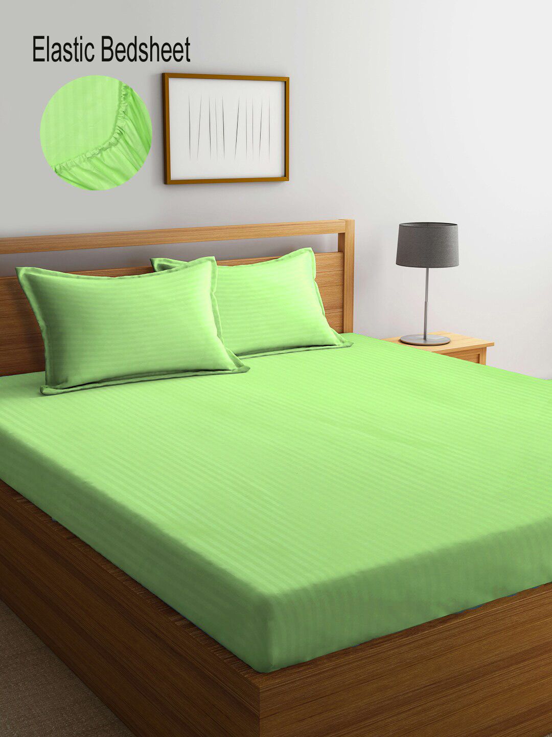 KLOTTHE Green Striped Fitted 300 TC Super King Bedsheet with 2 Pillow Covers-270X270 cm