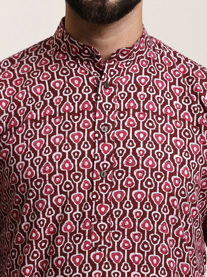 SOJANYA Lelaki Hitam Geometric Flared Lengan Kurta Kerja Benang
