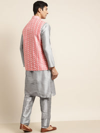 SOJANYA Men Grey & Pink Kurta with Pyjamas & Embroidered Nehru Jacket