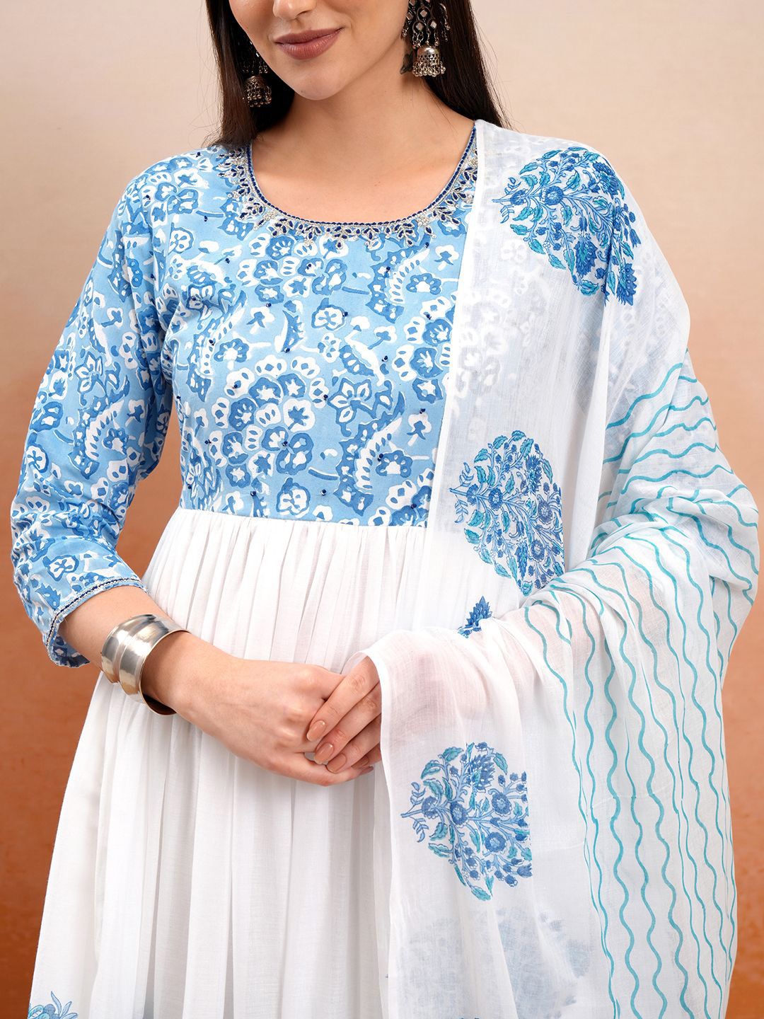 Vishudh White Printed Thread Work Pure Cotton Anarkali Kurta With Trousers & Dupatta