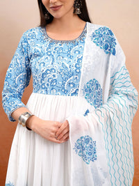 Vishudh White Printed Thread Work Pure Cotton Anarkali Kurta With Trousers & Dupatta