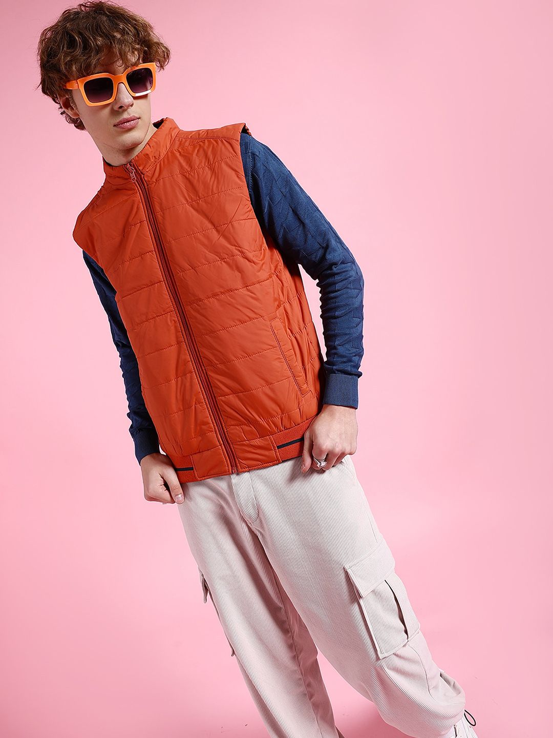 The Indian Garage Co Men Blue Colourblocked Reversible Crop Outdoor Padded Jacket