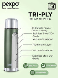 Pexpo Flamingo Green Thermosteel ISI Certified Hot Military Flask Water Bottle 1000ml