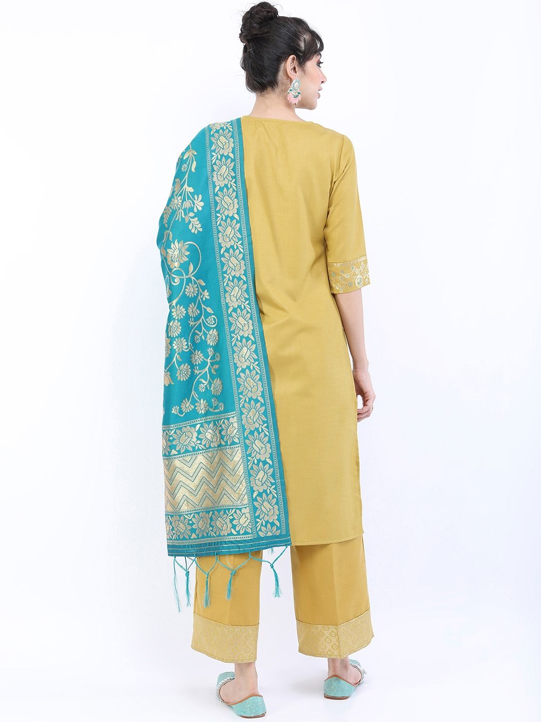 Vishudh Women Yellow Ethnic Motifs Embroidered Kurta with Palazzos & With Dupatta