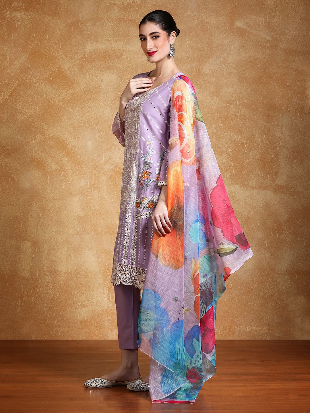 Varanga Women Floral Embroidered Cotton Kurta with Trousers & Dupatta