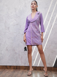 Athena Striped Embroidered Lapel Collar Sheath Dress