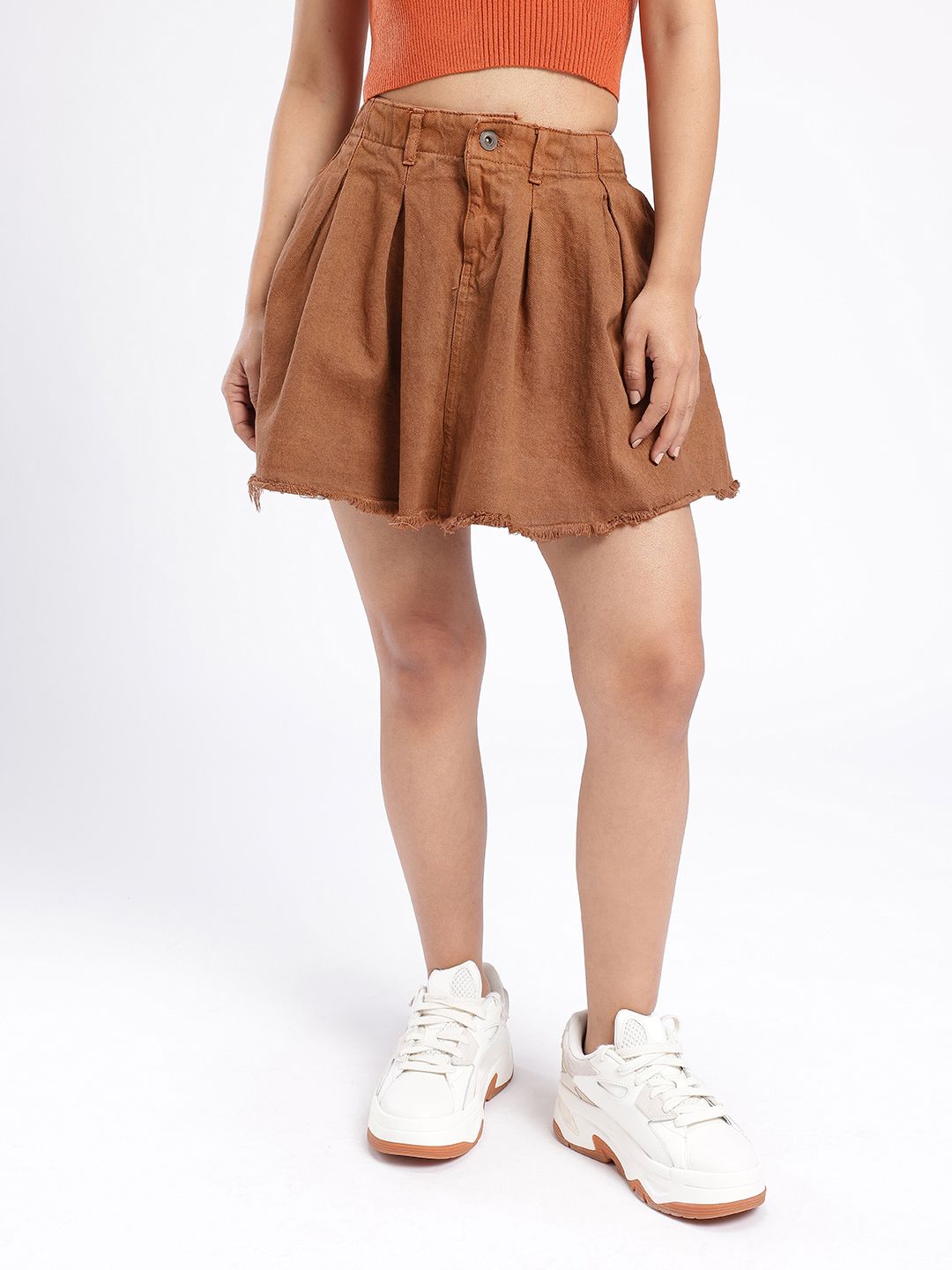 DressBerry Women Modern Chic Flared Frayed Hem A-line Pleated Denim Skirt