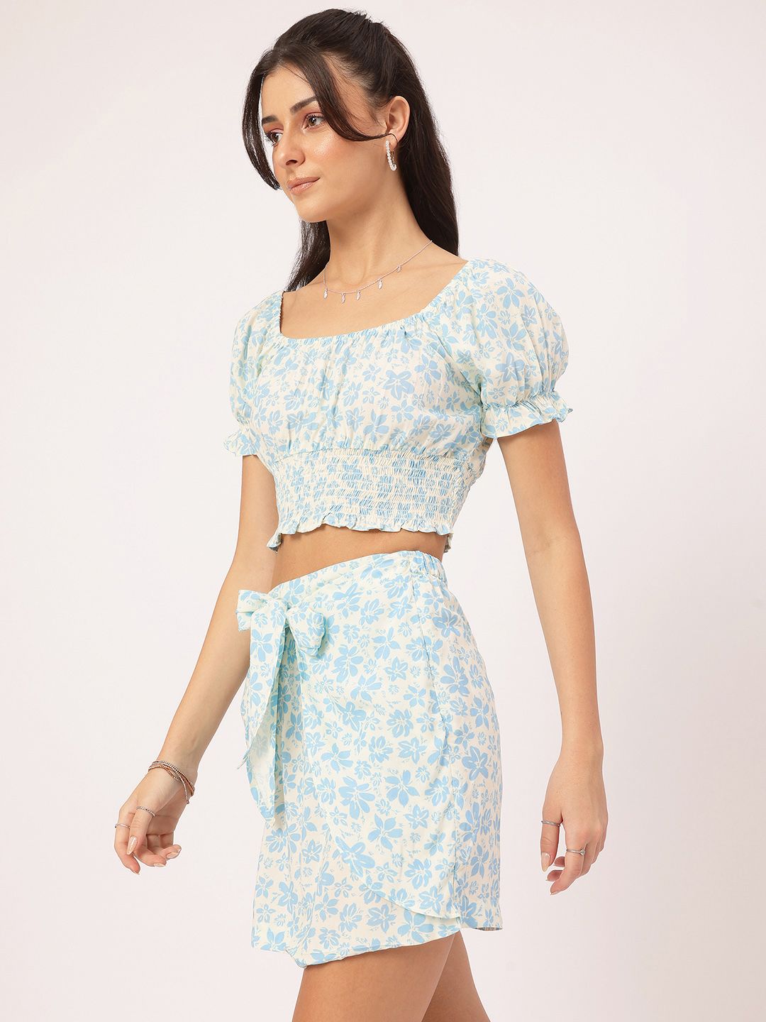 DressBerry Floral Print Crop Top with Mini Skirt Co-Ords