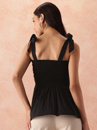 all about you Smocked Effect Tie-Up Detail Shoulder Straps Pure Cotton Peplum Top