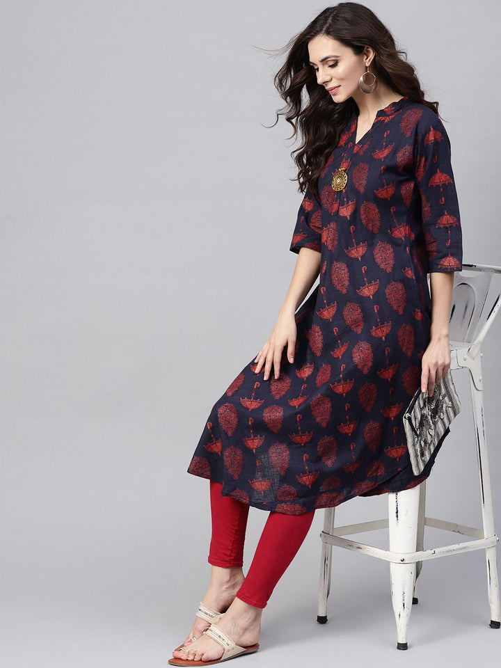 SOJANYA Kurta A-Line Bercetak Biru Laut & Merah Wanita Navy
