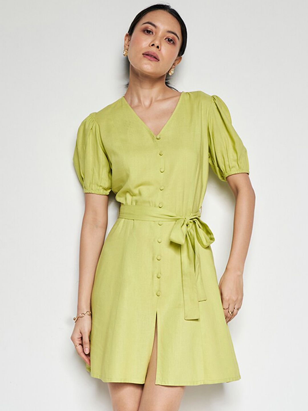 AND Puff Sleeves V-Neck Belted Linen A-Line Dress