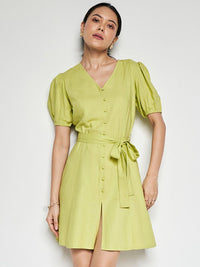AND Puff Sleeves V-Neck Belted Linen A-Line Dress