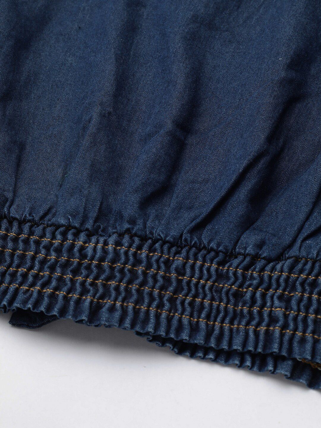 STREET 9 Navy Blue Flared Sleeves Indigo Pure Cotton Denim Smocked Styled Back Crop Top
