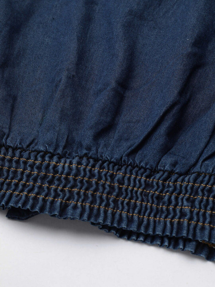 STREET 9 Navy Blue Flared Sleeves Indigo Pure Cotton Denim Smocked Styled Back Crop Top