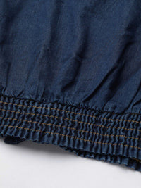 STREET 9 Navy Blue Flared Sleeves Indigo Pure Cotton Denim Smocked Styled Back Crop Top