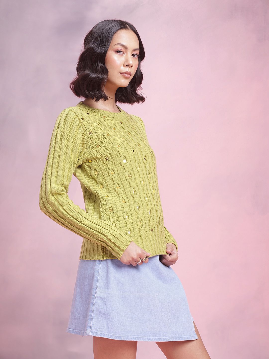 DressBerry Acrylic Cable Knit Pullover with Embellished Detail